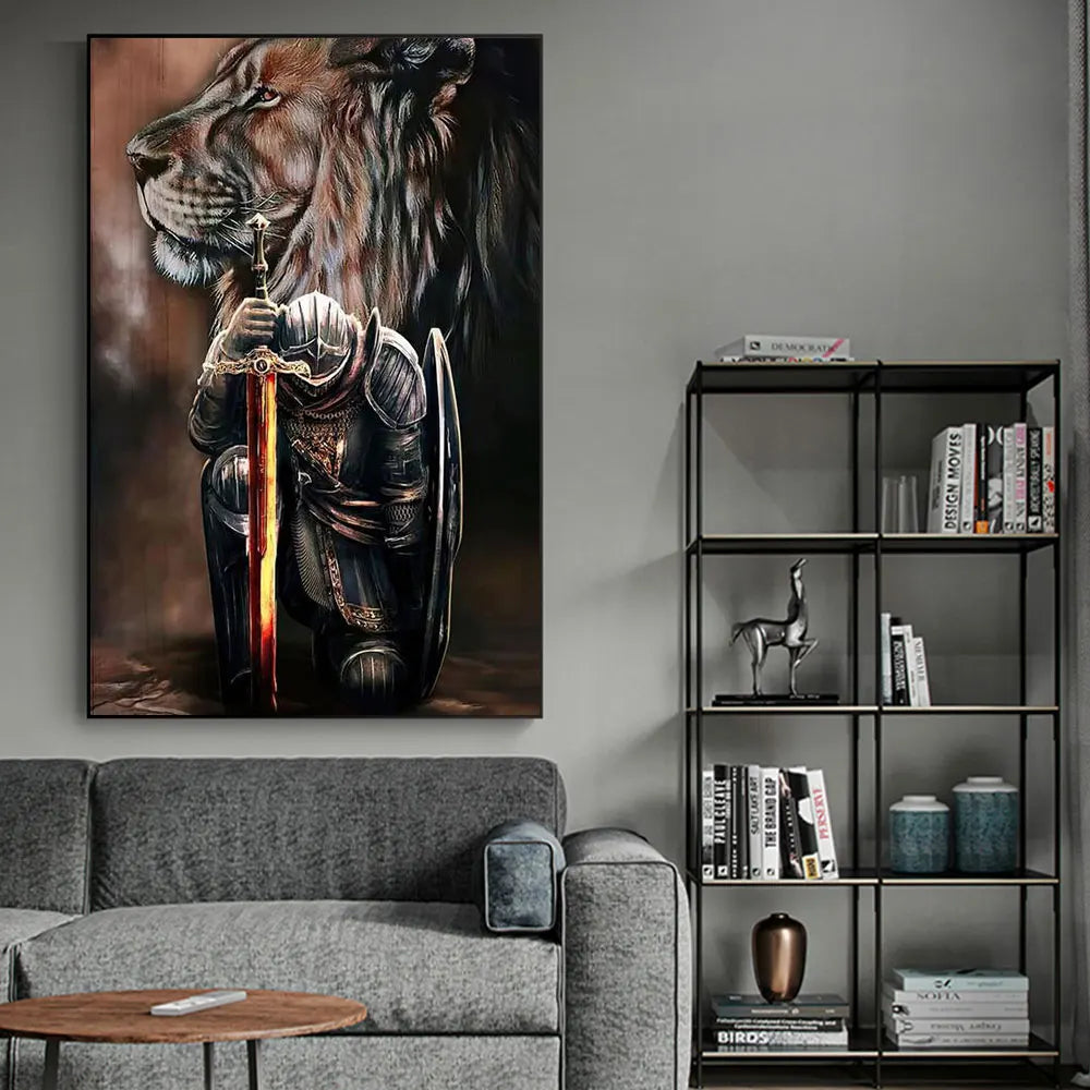Canvas wall art depicting a lion warrior holding a sword in a dramatic portrait.
