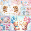 Gender reveal party decoration set featuring bear balloons and banners for boy or girl