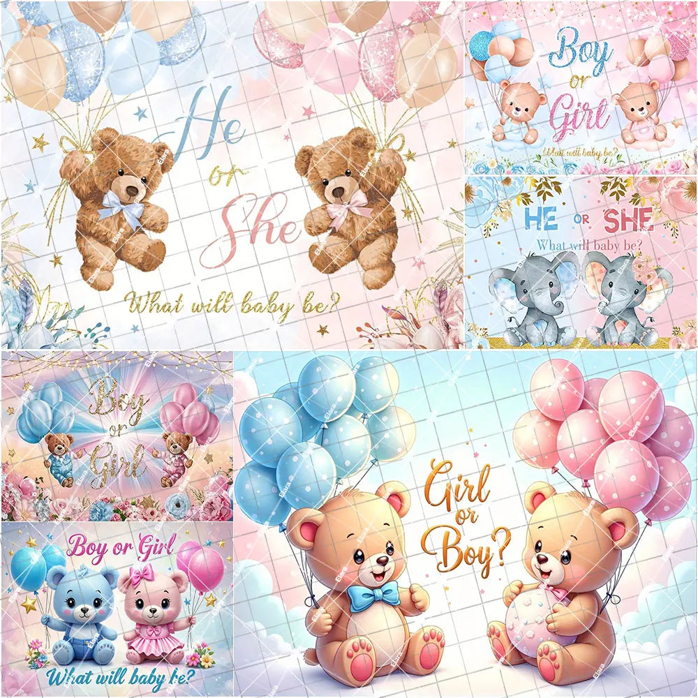 Gender reveal party decoration set featuring bear balloons and banners for boy or girl
