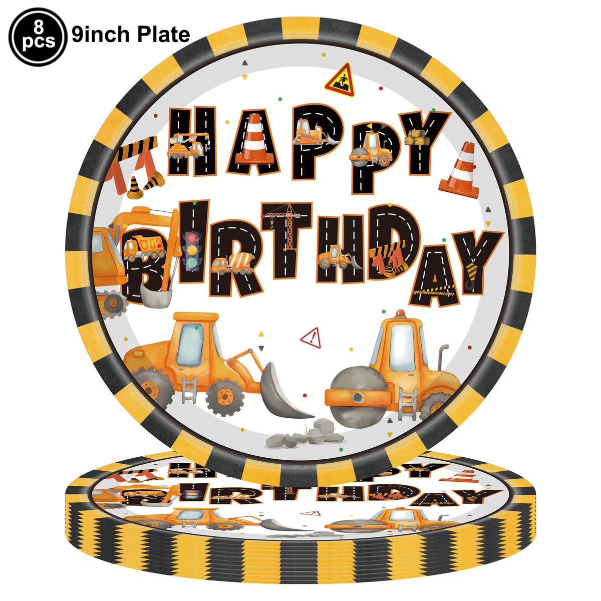 A circular plate with the words HAPPY BIRTHDAY decorated with construction trucks and tools for a party.
