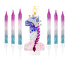 A set of gradient sparkle number birthday candles, including the number one, featuring purple and blue colors.
