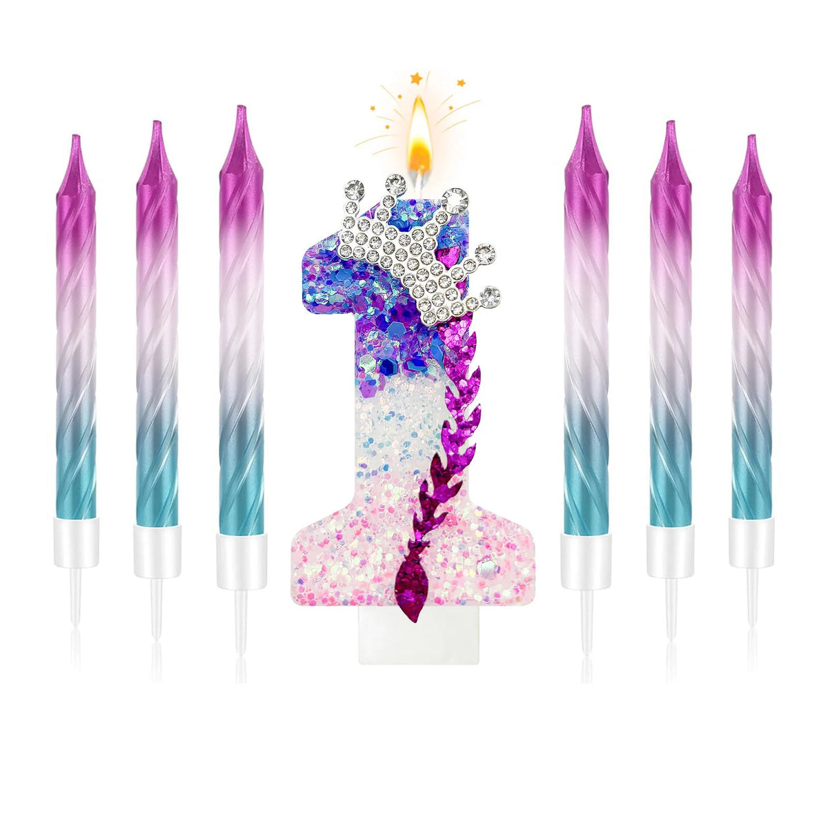 A set of gradient sparkle number birthday candles, including the number one, featuring purple and blue colors.
