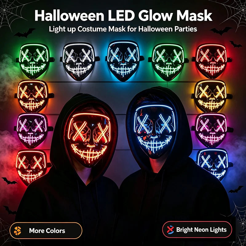 A display of various glowing LED masks for Halloween parties, including face masks and a full hooded mask.