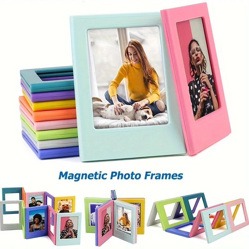 A collection of colorful magnetic photo frames and retro magnetic photo frames are displayed.