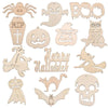 A collection of wooden Halloween ornaments including a spider, pumpkin, ghost, bat, and skull.