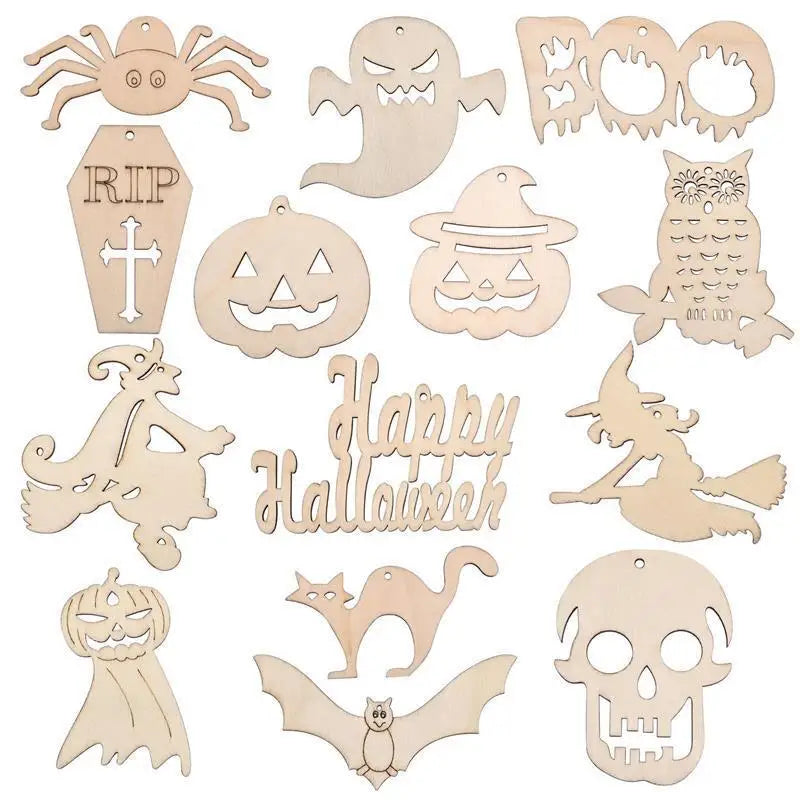 A collection of wooden Halloween ornaments including a spider, pumpkin, ghost, bat, and skull.
