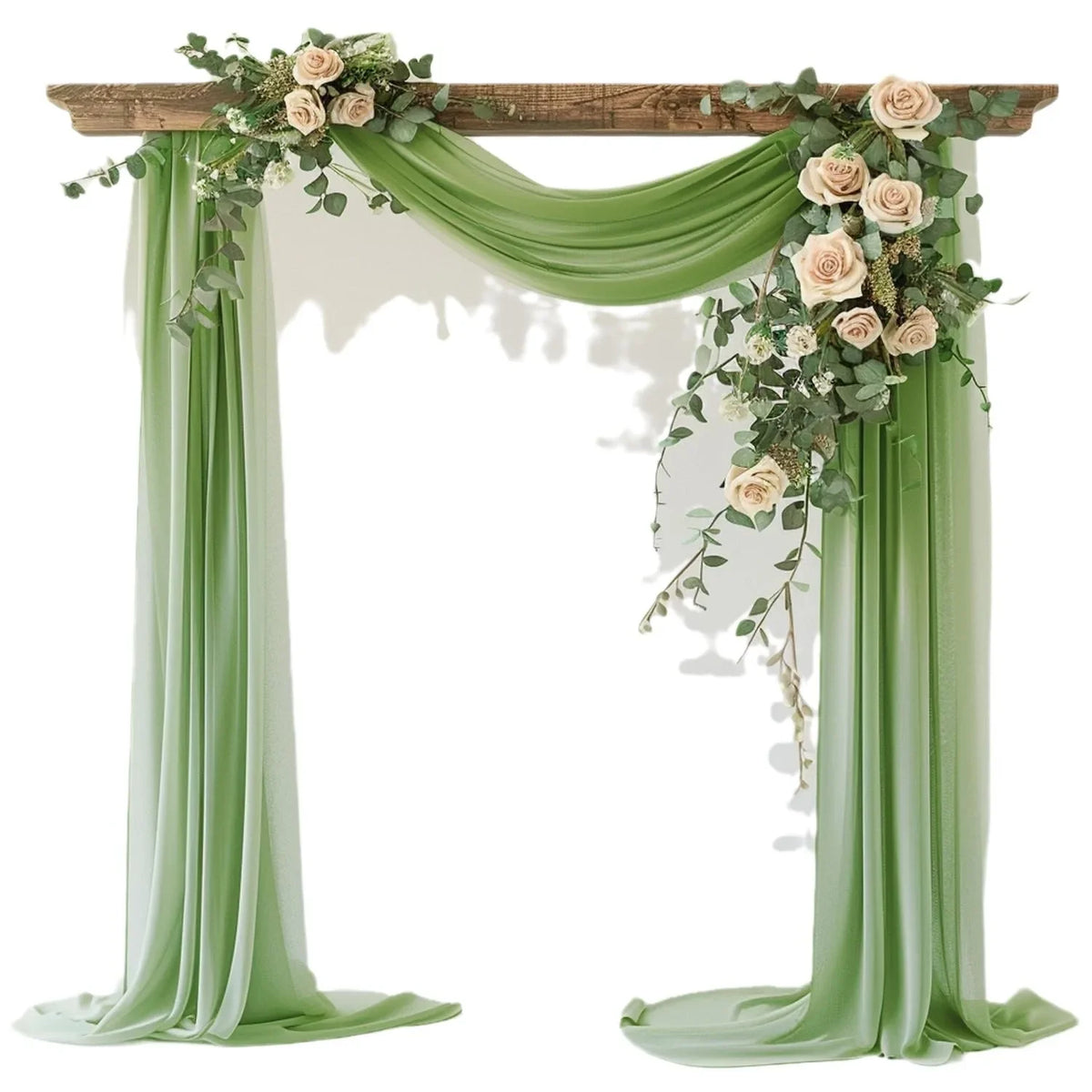 Elegant sage green chiffon drapes forming an arch backdrop for a wedding or event.