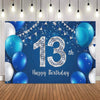 A blue backdrop for a 13th birthday party featuring blue balloons and silver number decorations.
