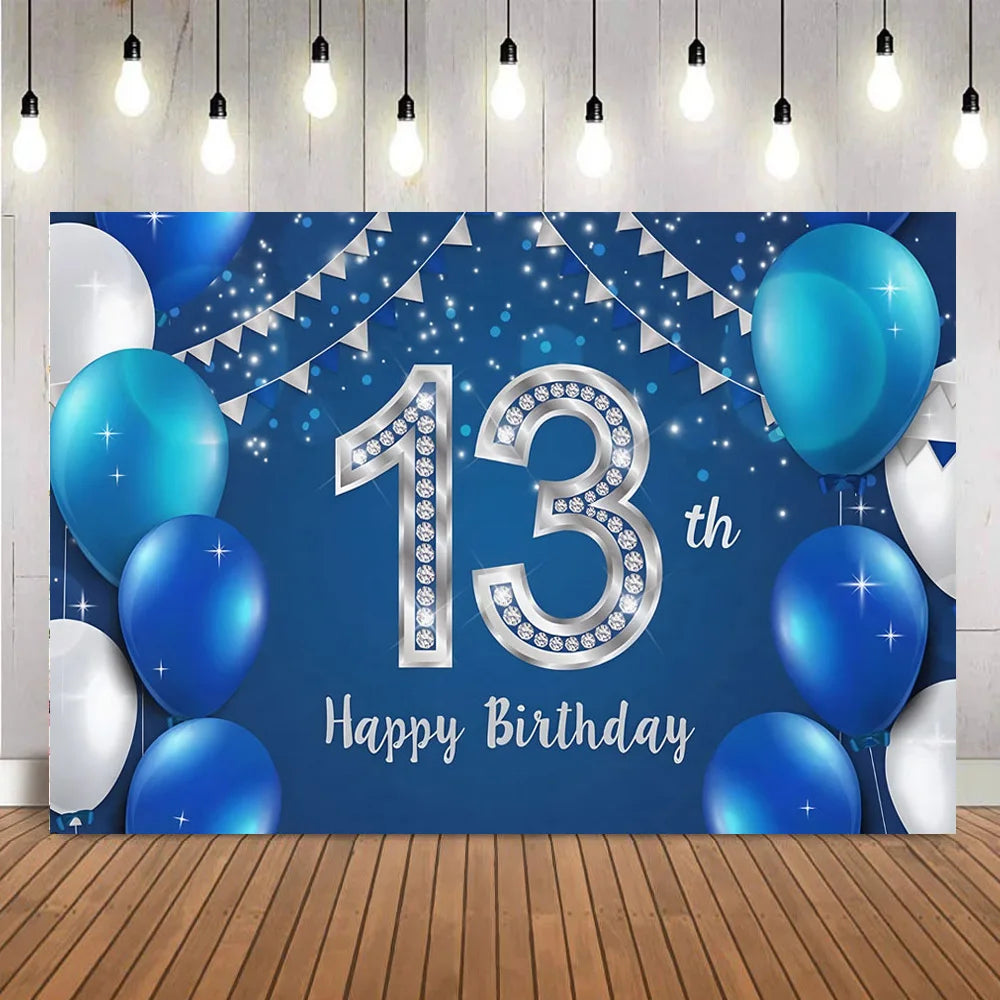 A blue backdrop for a 13th birthday party featuring blue balloons and silver number decorations.