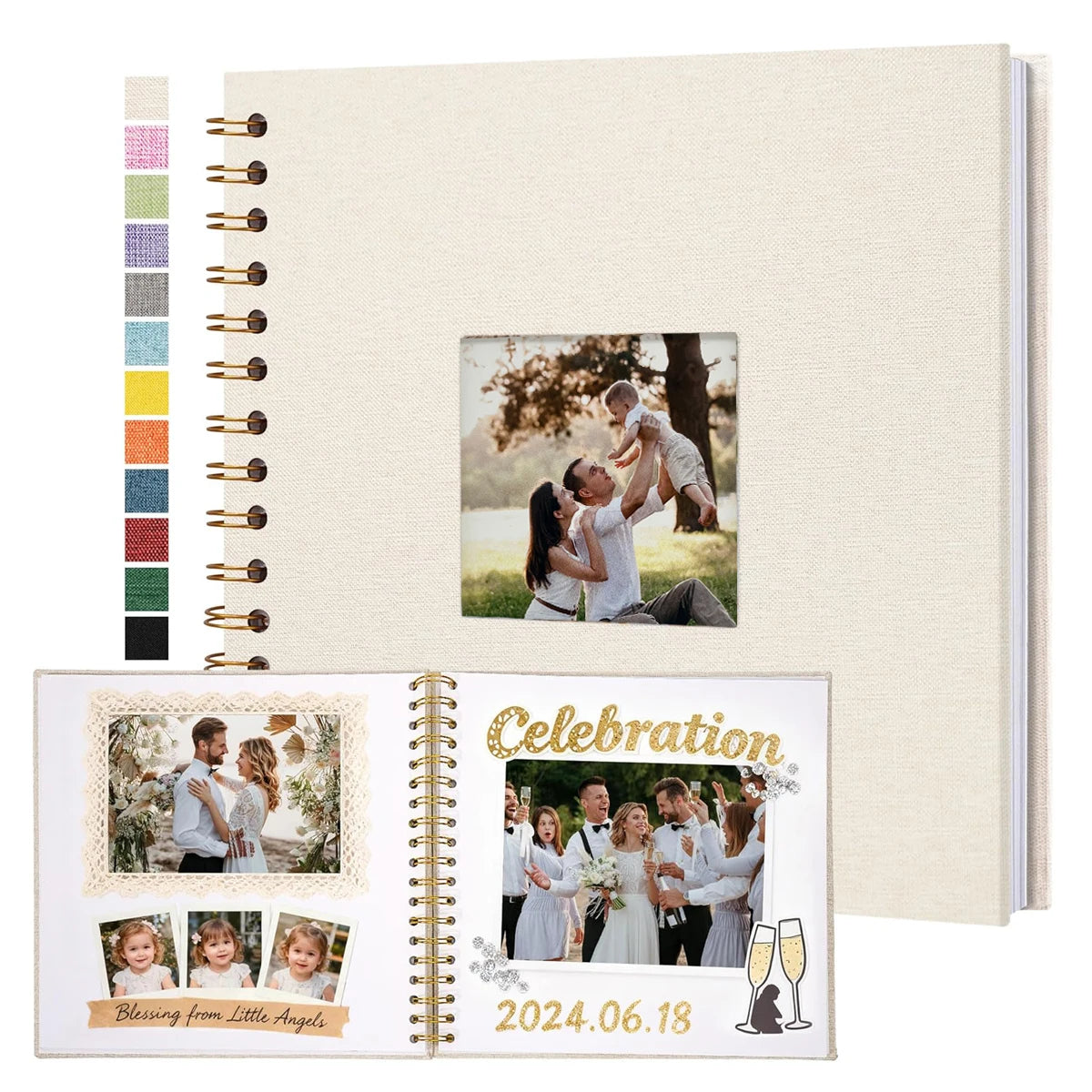 A beige linen cover scrapbook album with a gold-toned spiral binding and an inner page featuring a photo of a couple embracin