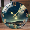 A round wall clock featuring a dark blue background with an illuminated clock face and a realistic Earth landscape design.