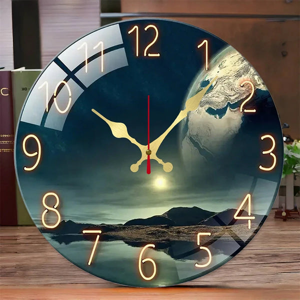 A round wall clock featuring a dark blue background with an illuminated clock face and a realistic Earth landscape design.