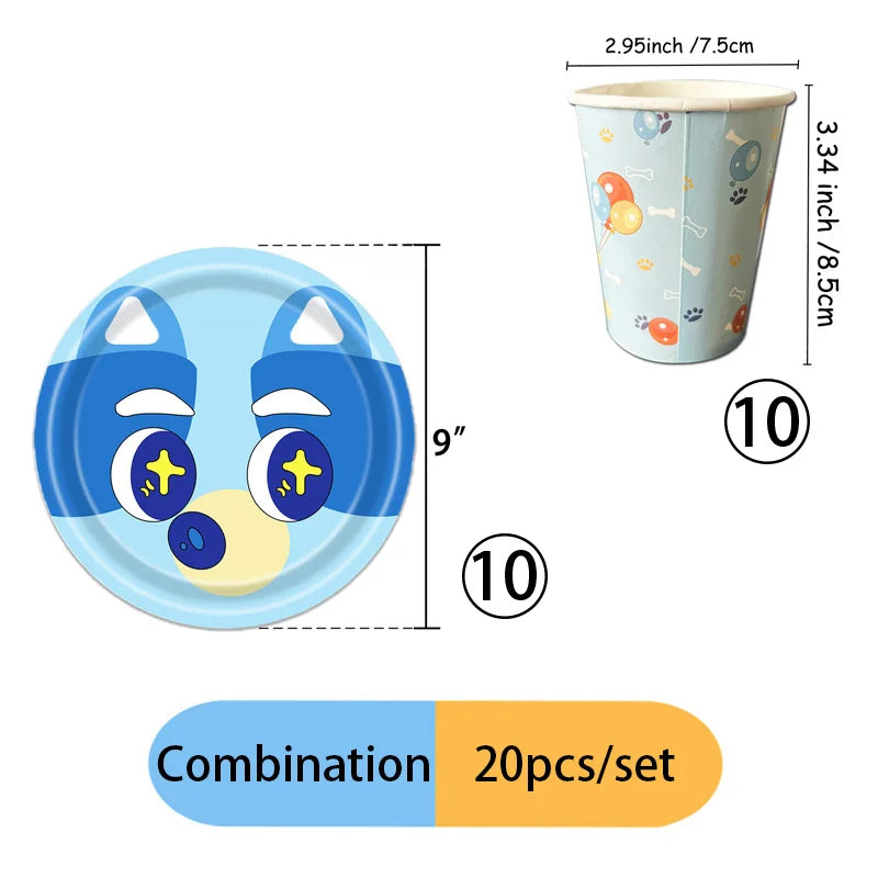 A set of blue dog-themed disposable tableware including a plate and cup for parties and picnics.