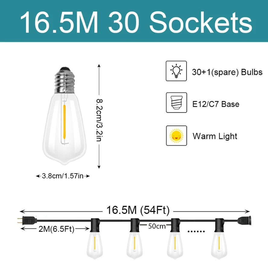 A string of 16.5 million 30 sockets LED bulbs with E12/C7 bases for outdoor lighting.