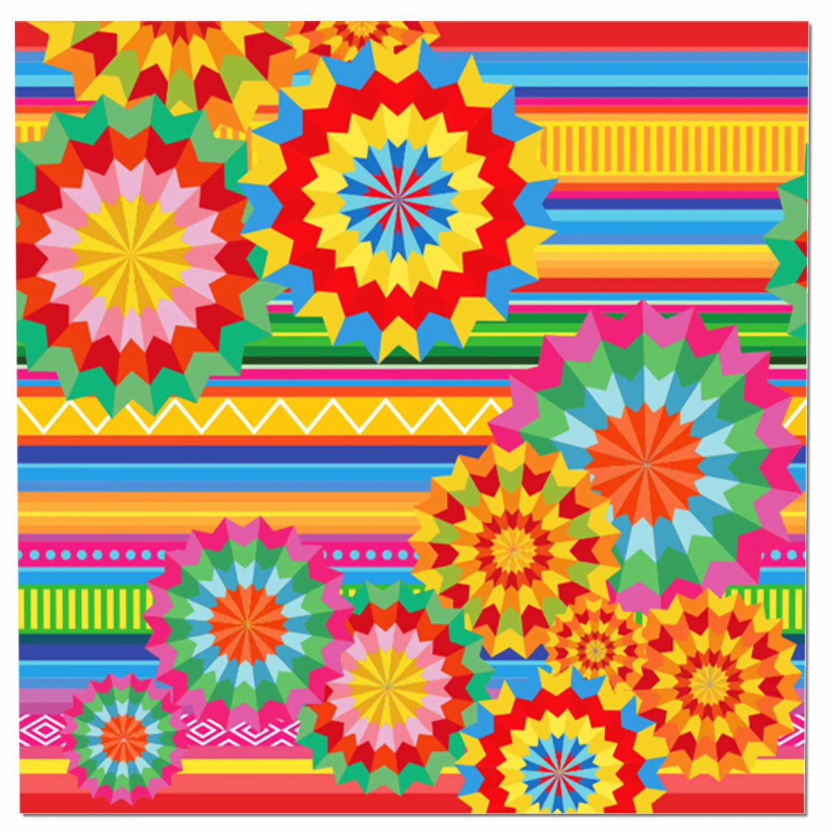 A vibrant pattern of colorful, starburst-like shapes in red, orange, yellow, green, and blue on a white background.