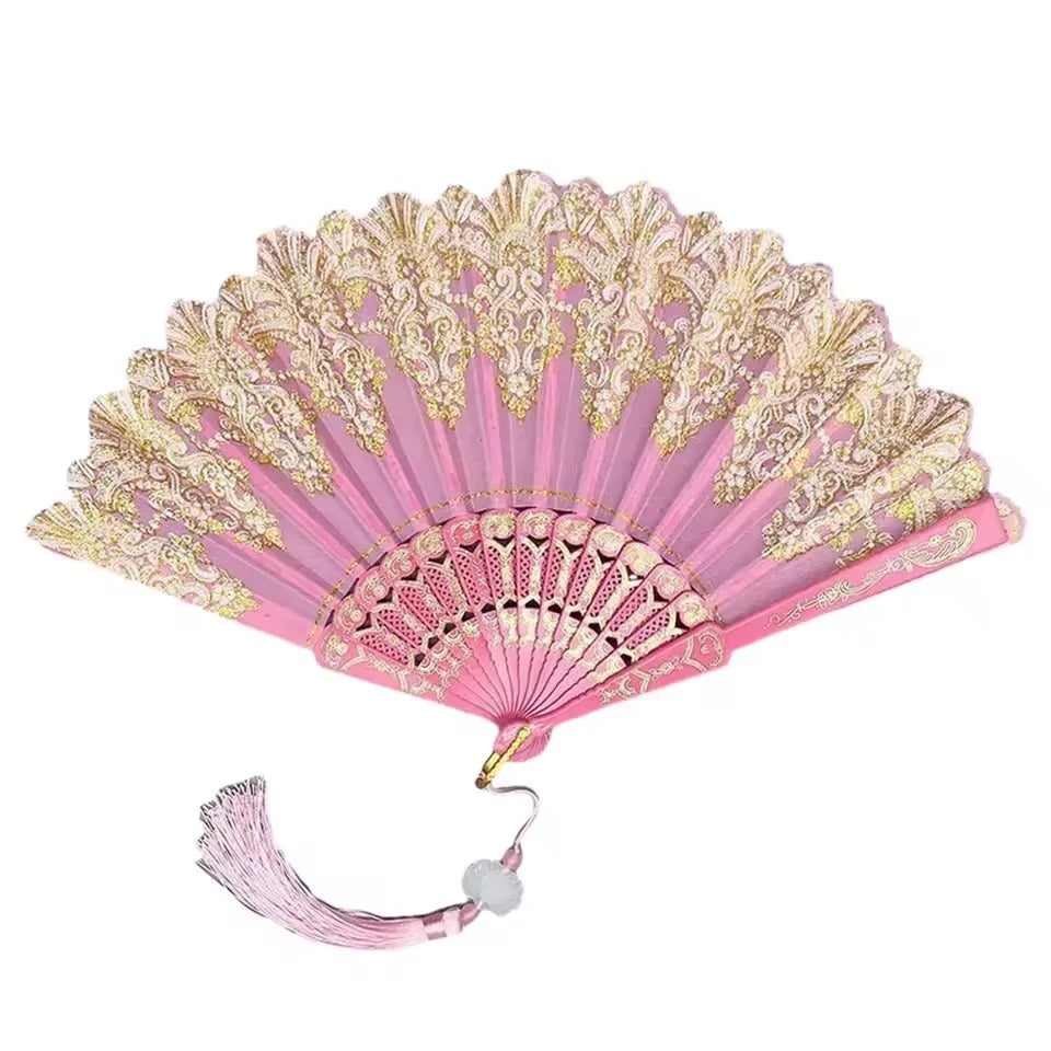 Elegant folding fan with traditional Chinese design featuring pink and gold decorative patterns