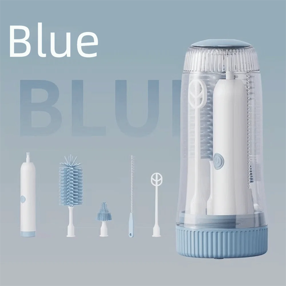A white electric baby bottle cleaning brush with a clear storage case is shown next to various related tools.