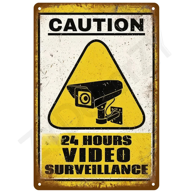 A vintage yellow and black caution sign warning about 24 hours of video surveillance.