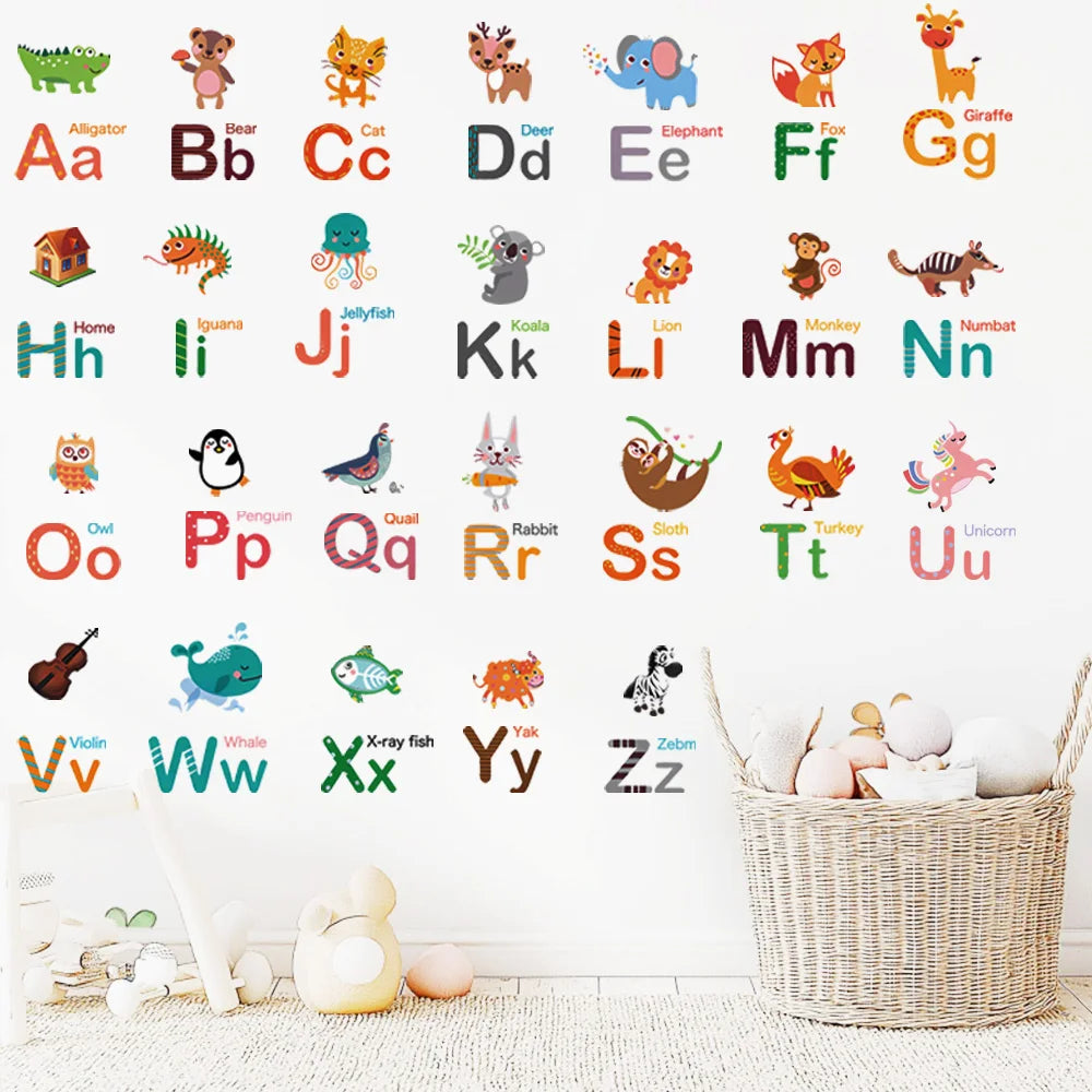 A colorful alphabet display featuring cartoon animals in various letters from A to Z