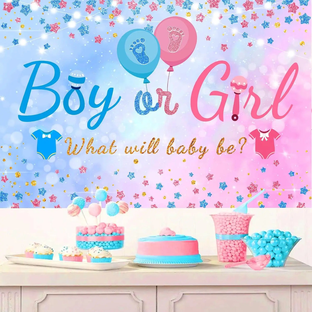 Gender-Reveal-Hintergrund mit rosa und blauen Ballons, Konfetti und Frage nach dem Geschlecht des Babys.