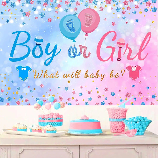 Fondo para revelación de género con globos rosa y azul, confeti y texto preguntando qué será el bebé.