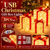 A set of three illuminated gift boxes with LED lights, featuring USB power, easy assembly, and warm festive glow.
