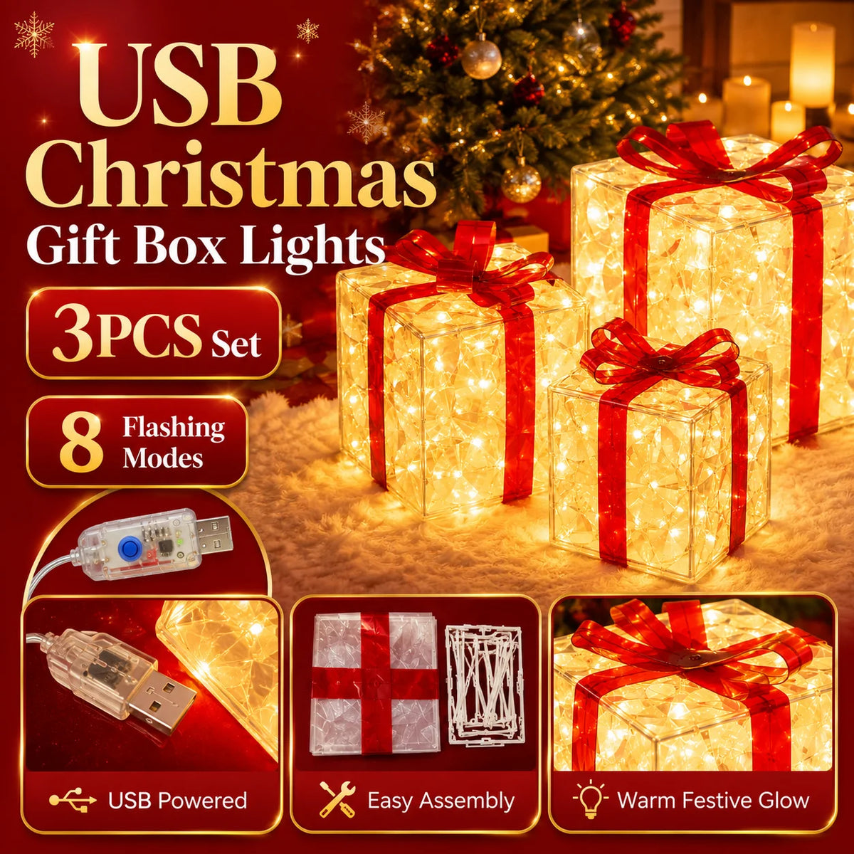 A set of three illuminated gift boxes with LED lights, featuring USB power, easy assembly, and warm festive glow.