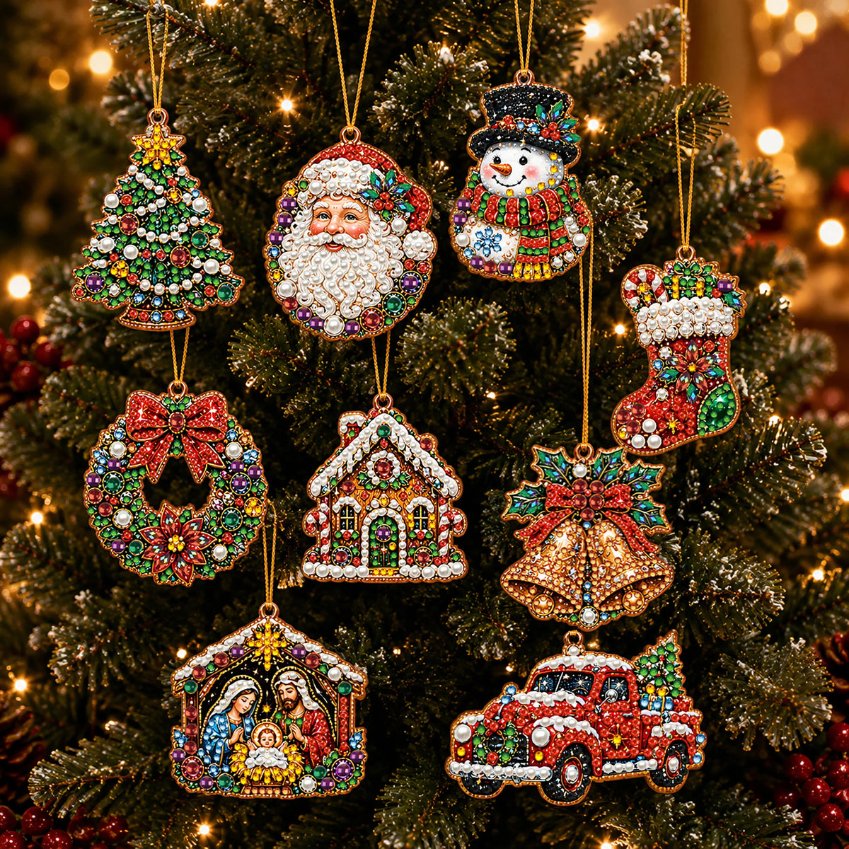 A set of Christmas diamond art ornaments featuring Santa, a snowman, and reindeer pendants hanging on a green Christmas tree.