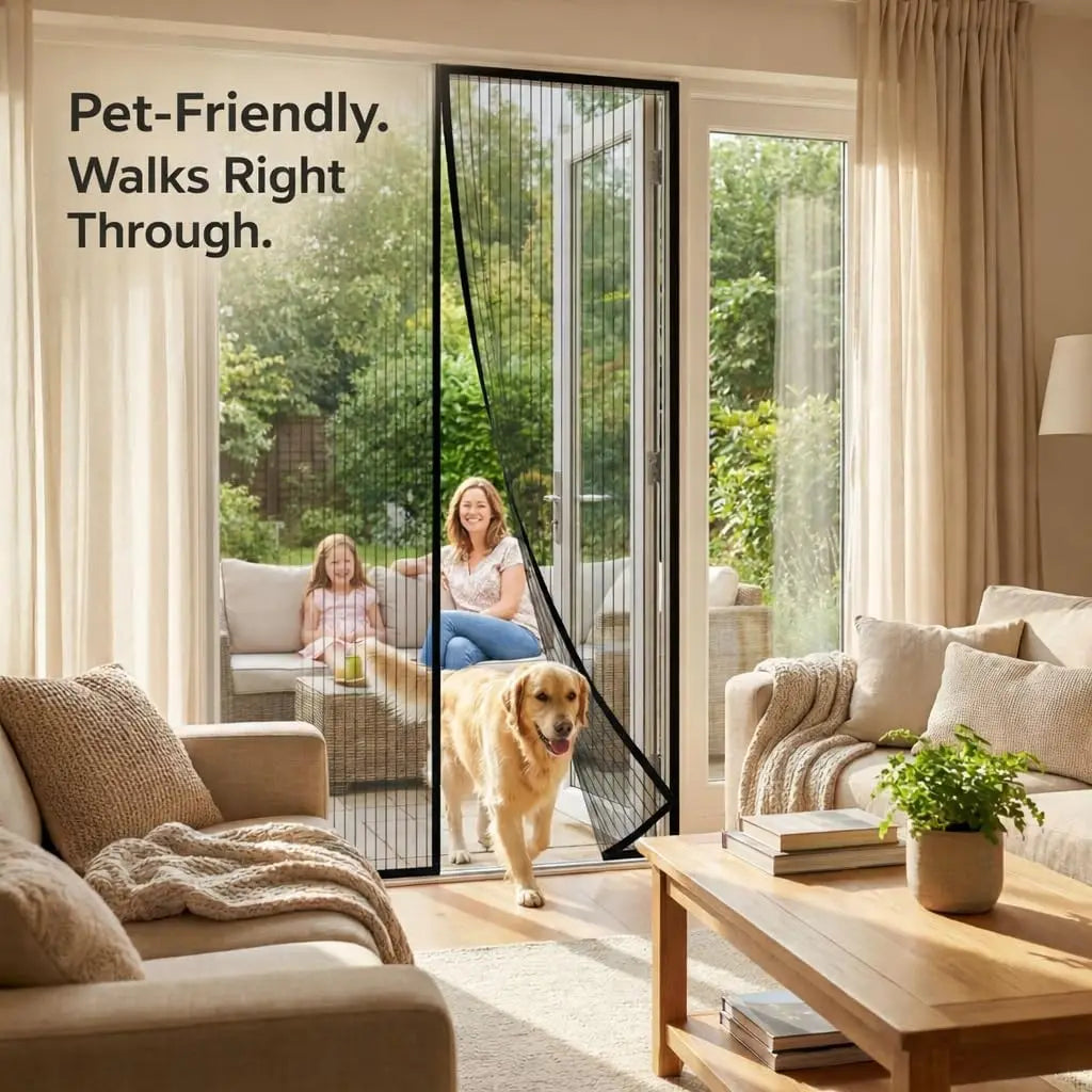 A woman and a dog walk through a glass magnetic automatic screen door in a bright living room.