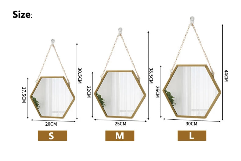 Three sizes of hexagon decorative wall mirrors labeled S M and L showing different dimensions.