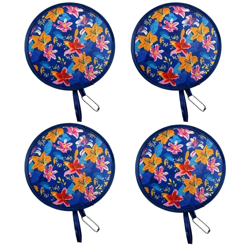 A set of five colorful floral foldable pocket fans featuring blue, pink, and yellow flowers.