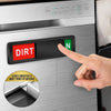 A hand points to a red dirty indicator light on a stainless steel dishwasher panel.