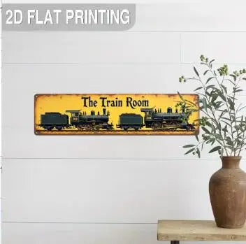 Vintage retro metal street sign depicting a train room scene for wall decor