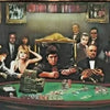 Peinture représentant une réunion tendue d'hommes autour d'une table, probablement du film Scarface.