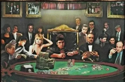 Peinture représentant une réunion tendue d'hommes autour d'une table, probablement du film Scarface.