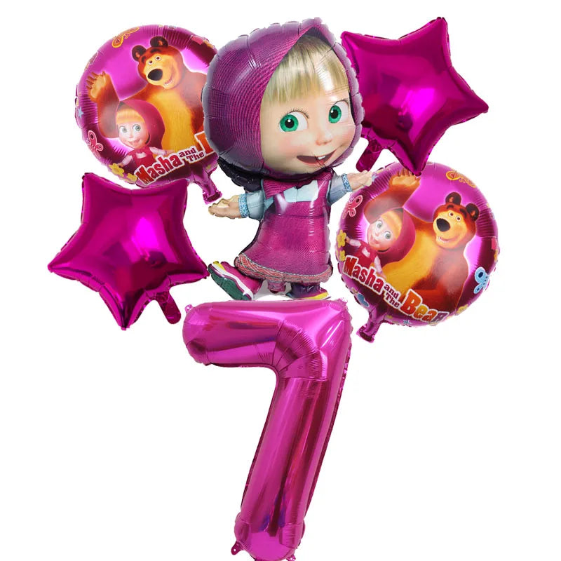 A set of six pink foil balloons featuring characters from Masha and the Bear