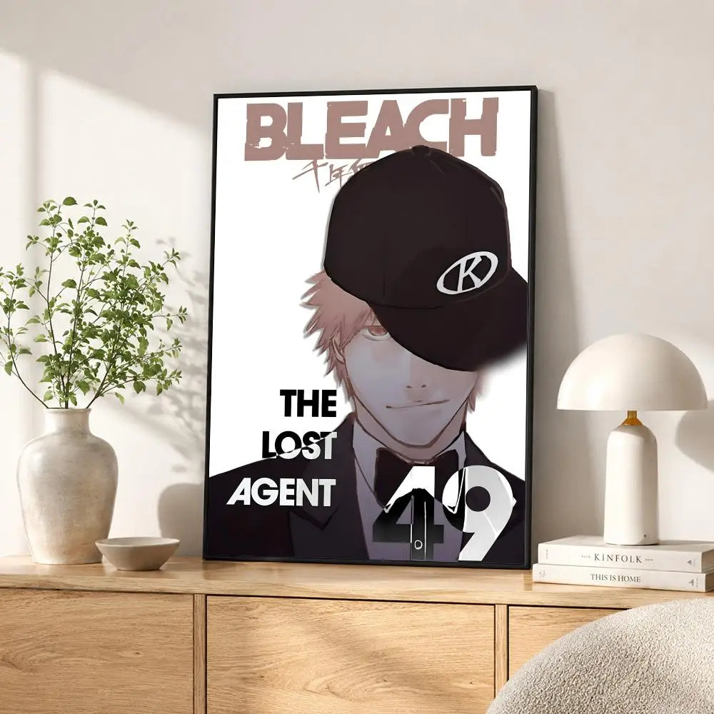 A poster featuring a character with light hair wearing a black hat and suit, titled Bleach The Lost Agent.