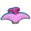 A pink and purple cartoon dinosaur PVC shoe charm featuring a head and body with small white dots.
