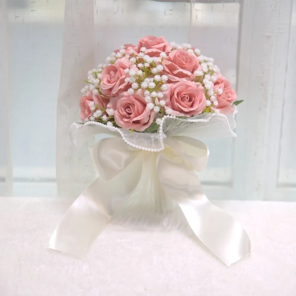 Elegant Silk Rose Bridal Bouquet with Baby's Breath