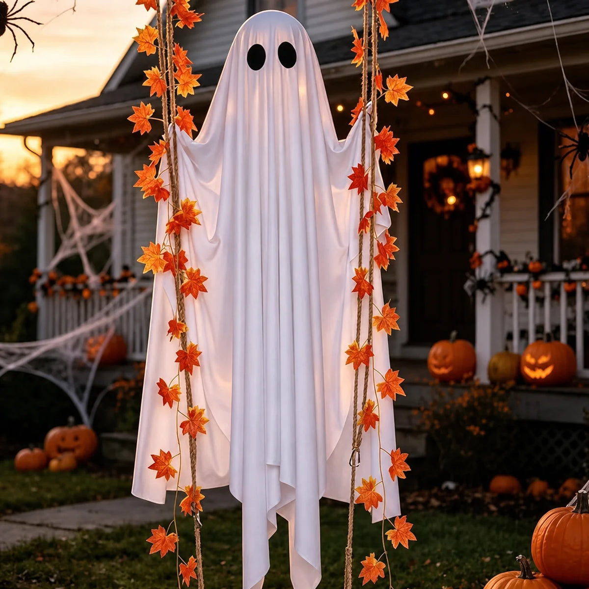 Decoración fantasma de tela blanca con hojas de arce colgando, en un fondo de porche.