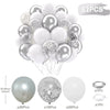 A balloon party decor kit showing various silver and white metallic pearl balloons with confetti accents.