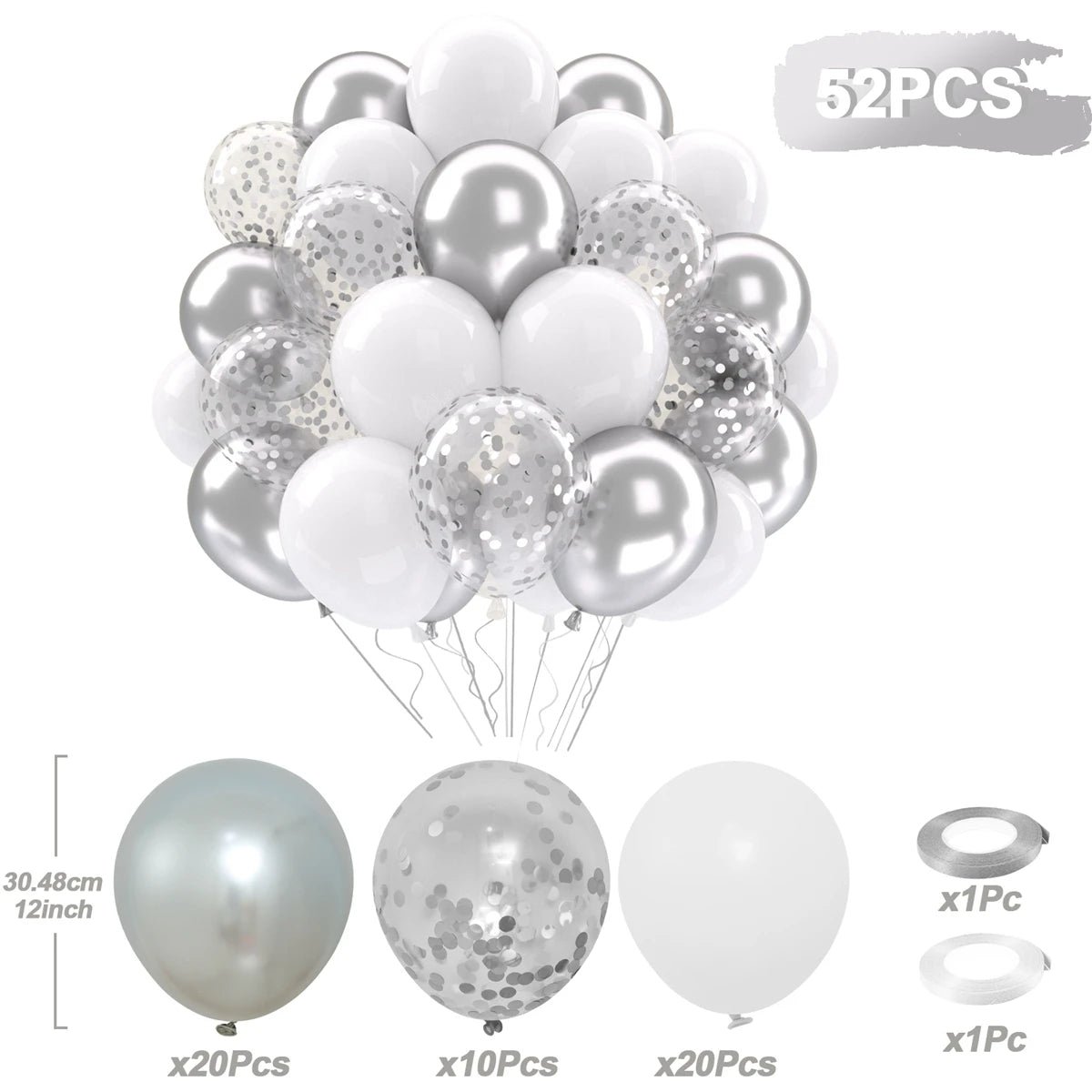 A balloon party decor kit showing various silver and white metallic pearl balloons with confetti accents.