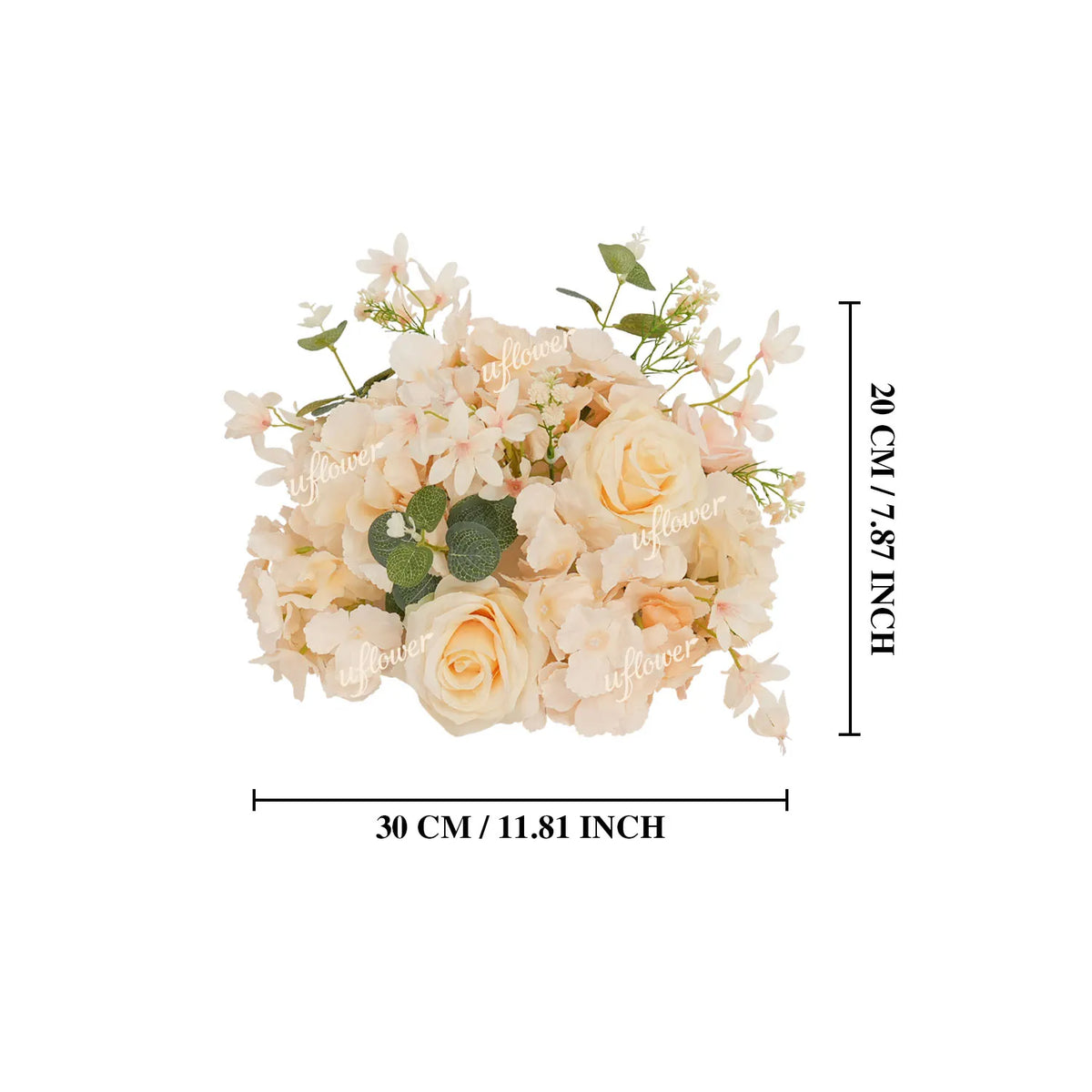 A light beige floral arrangement featuring roses and hydrangeas used as a centerpiece.