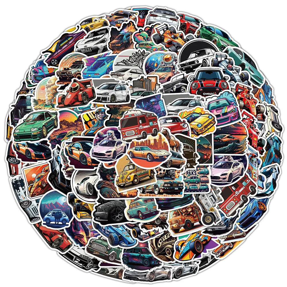 Collage circular de pegatinas y calcomanías de coches y vehículos en diversos colores y estilos.