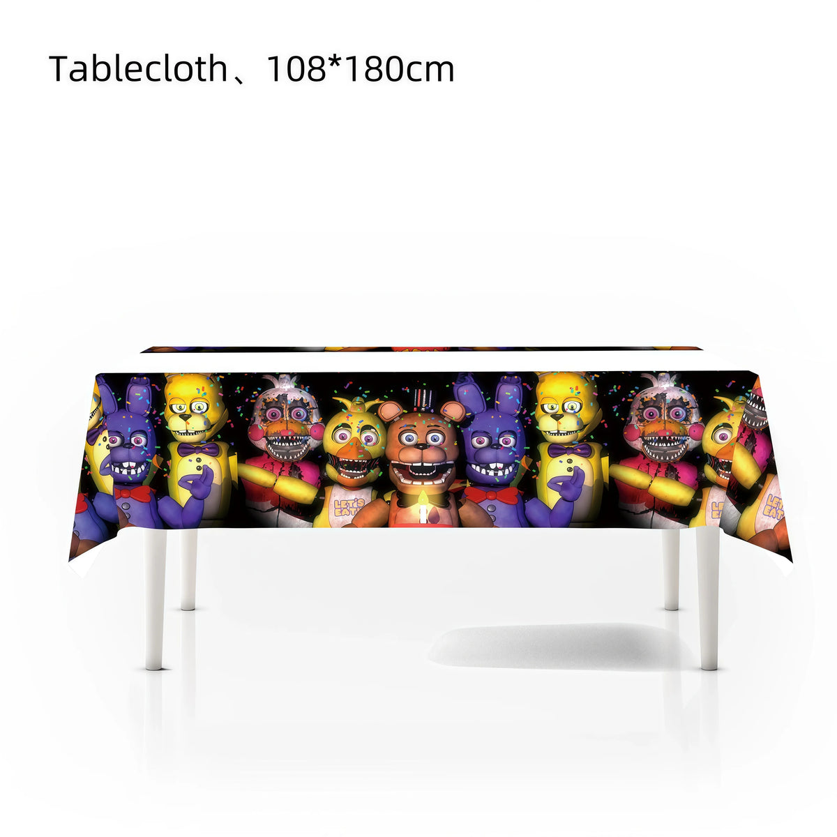 A tablecloth featuring various Five Nights at Freddy's characters and themed designs.