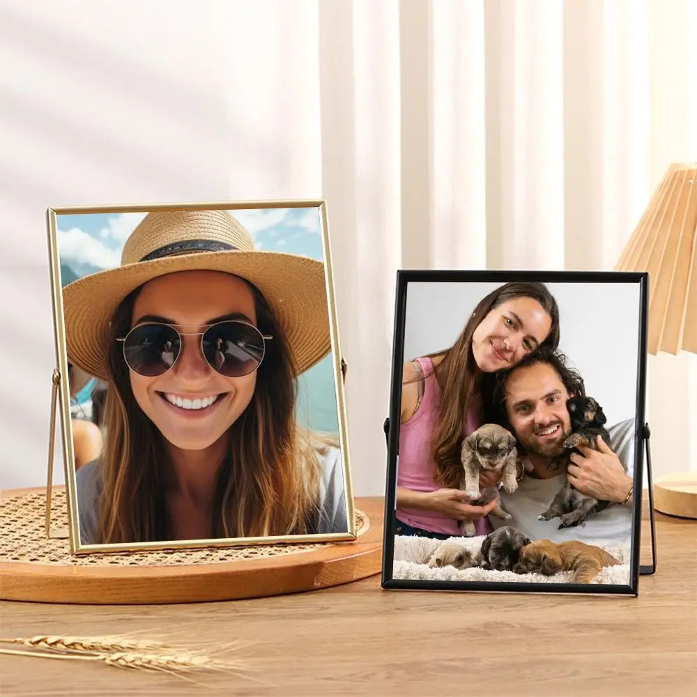 A modern metal and acrylic photo frame displaying a smiling woman wearing a straw hat and sunglasses.