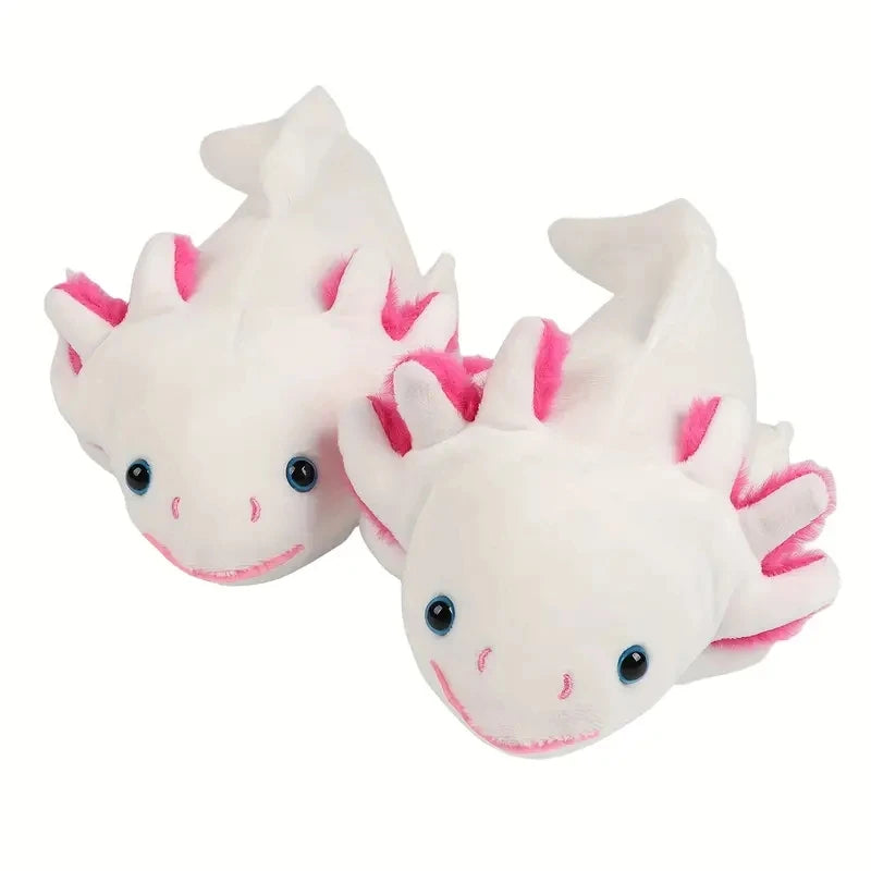 A pair of white axolotl plush toys with pink accents, soft and cuddly stuffed animals.