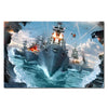 A dramatic depiction of a battleship, likely the Bismarck-Class, firing cannons and surrounded by naval action on the sea.