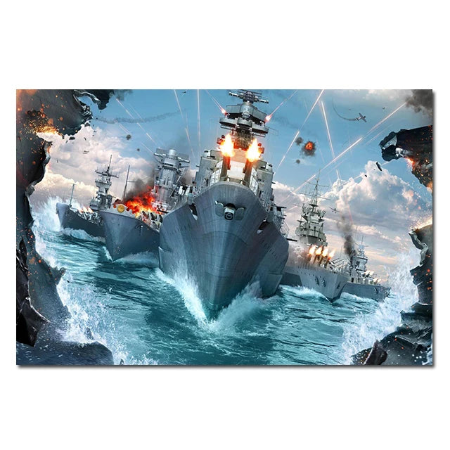 A dramatic depiction of a battleship, likely the Bismarck-Class, firing cannons and surrounded by naval action on the sea.