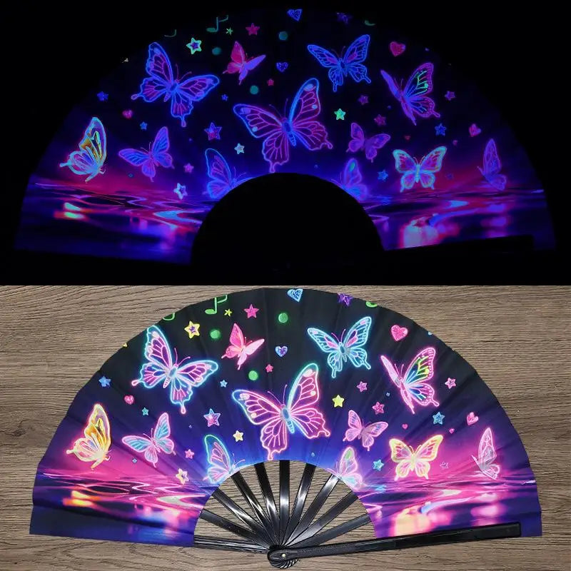 A folding fan with a UV fluorescent design featuring colorful butterflies and iridescent light patterns.